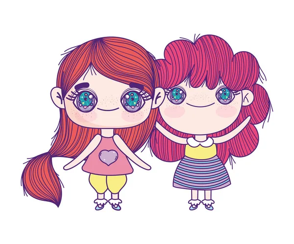 Kids, cute little girls anime cartoon characters — Vector de stock