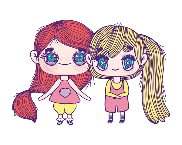 Kids, cute little girls anime cartoon characters — Vector de stock