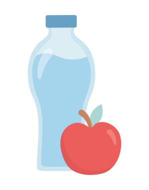 Şişe su ve taze elma meyvesi.