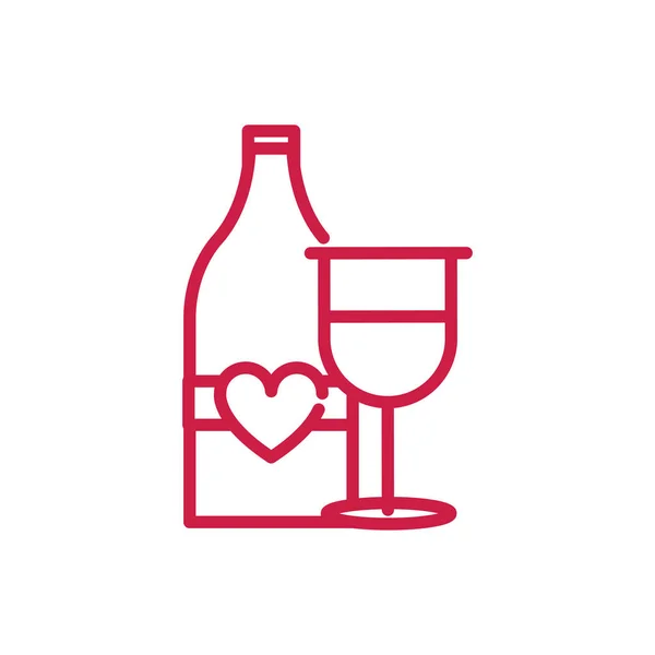 행복 한 발렌틴 데이 샴페인 병 과 잔은 레드 라인 디자인을 사랑합니다. — 스톡 벡터