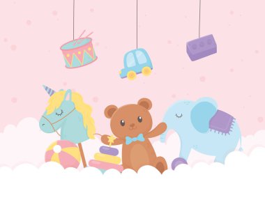 Trampet arabası bloğu ve ayı atı bulutlarda çubuk top çizgi film çocukları oyuncakları