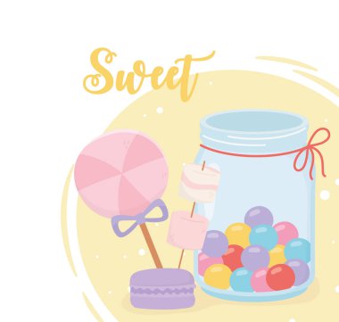 tatlı ürünler makarna bisküvisi lolipop ve karamelli kavanoz.
