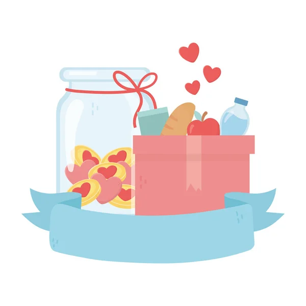 Caja con agua de comida tarta corazones de vidrio amor caridad y donación de dinero. — Vector de stock