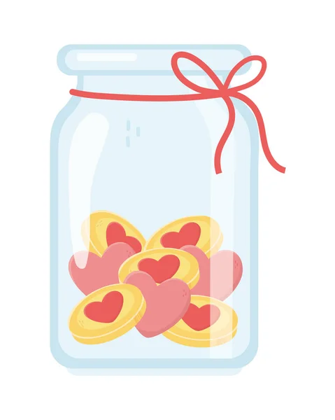 Jar vidrio con monedas corazones dinero amor caridad y concepto de donación. — Vector de stock