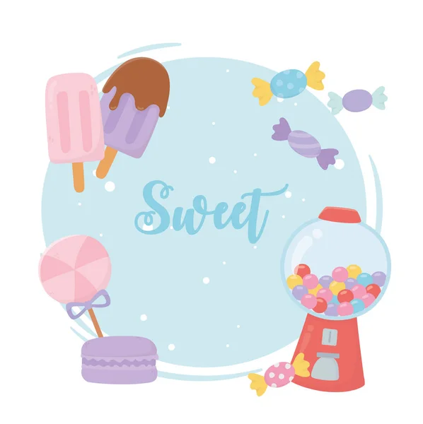 Zoete producten kauwgom machine ijs s lolly koekje en snoep — Stockvector