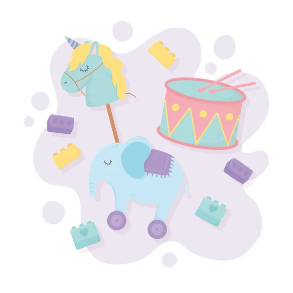 Τύμπανο ελέφαντα άλογο ραβδί μπλοκ κινουμένων σχεδίων παιχνίδια παιδιά — Διανυσματικό Αρχείο