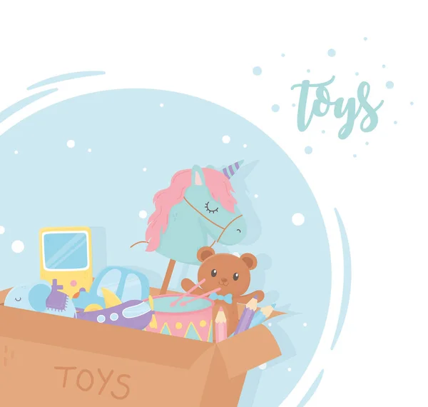 Caixa com crianças brinquedos teddy avião tambor carro elefante cavalo com vara — Vetor de Stock