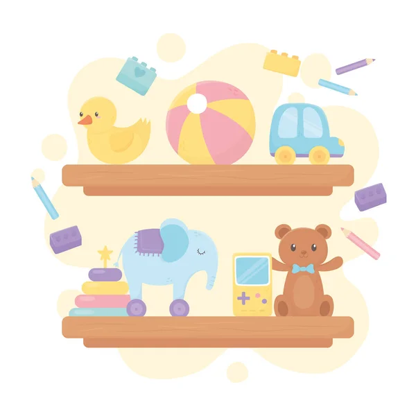 Wooden shelves with bear ball duck car elephant pencils cartoon kids toys — Stock Vector