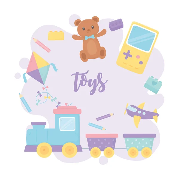 Teddybär Drachenzug Flugzeug Bleistifte Blöcke Cartoon Kinder Spielzeug — Stockvektor