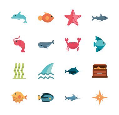 Deniz yaşamı, karikatür deniz hayvanları seti.