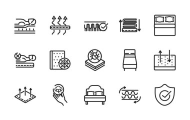 Yatak konforlu yumuşak tekstil simgeleri doğrusal tasarımı ayarla