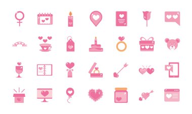 Sevgililer günün kutlu olsun. Kutlama dekorasyonu. Romantik ikonlar pembe tasarım.