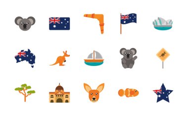 Avusturalya hayvani şeyler beyaz arka planda ünlü site simgeleri