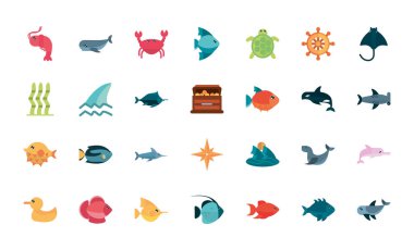 Deniz yaşamı, karikatür deniz hayvanları seti.