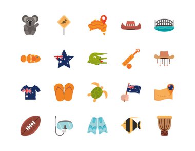 Avusturalya hayvani şeyler beyaz arka planda ünlü site simgeleri