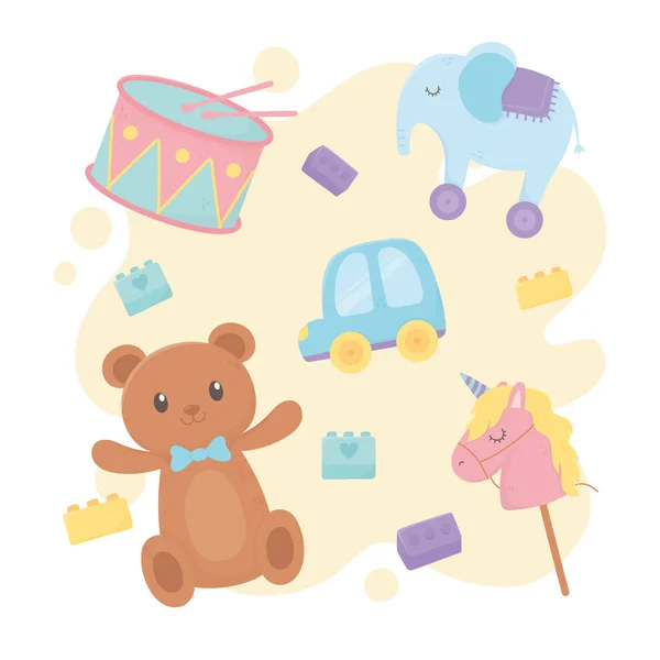 Urso tambor carro cavalo vara blocos desenhos animados crianças brinquedos — Vetor de Stock