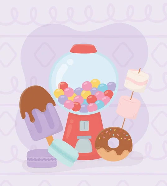 Γλυκά προϊόντα φούσκα τσίχλα μηχανή παγωτό ντόνατ μακαρόν marshmallow — Διανυσματικό Αρχείο