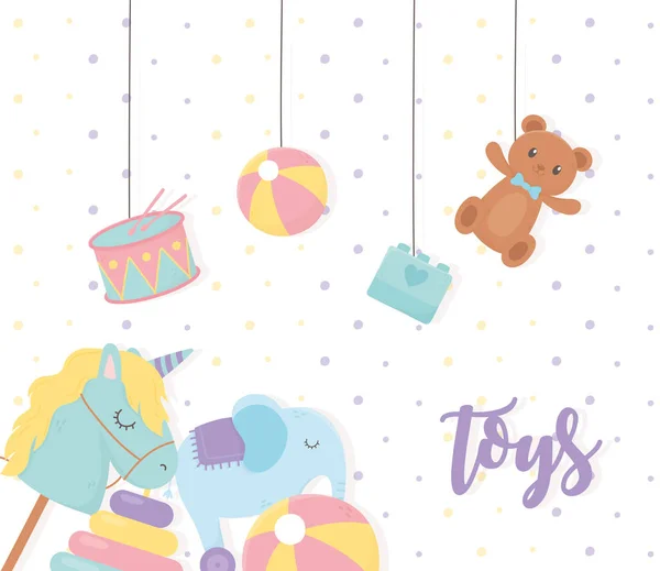 Bloque colgante de tambor de bola de oso y cintas animadas de elefantes para niños juguetes — Vector de stock