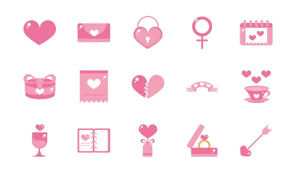 Feliz valentines dia celebração decoração ícones românticos definir design rosa — Vetor de Stock