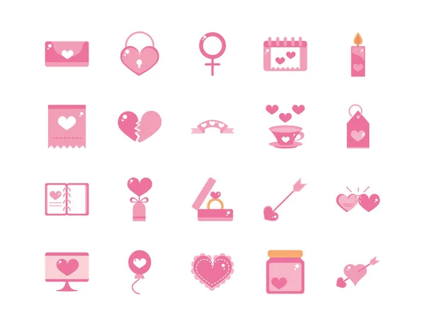 Happy valentines day celebration decoration romantic icons set pink design — Stock Vector