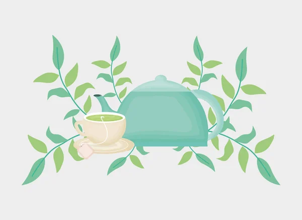 Teapot cup herbs hot fresh beverage coffee time — Image vectorielle