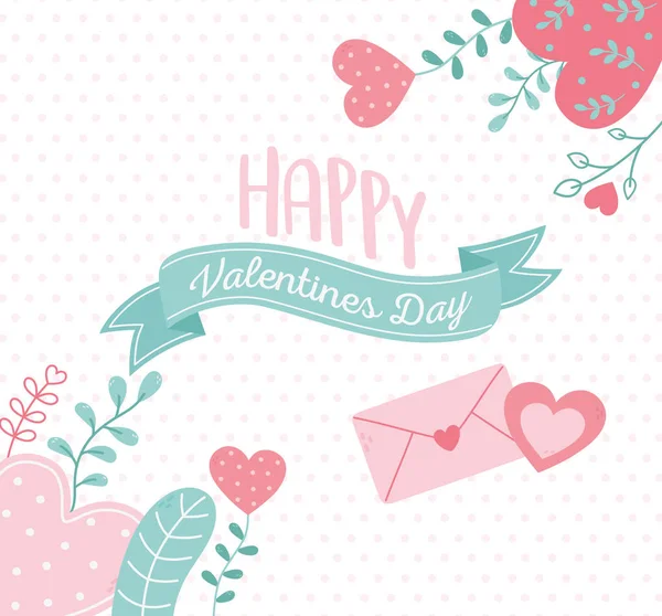 Happy valentines day, inscripyion hearts envelope love dotted background — Image vectorielle