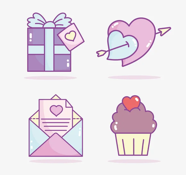 Felice valentines giorno, scatola regalo cupcake mail messaggio cuori freccia — Vettoriale Stock