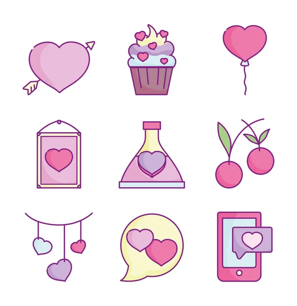 Happy valentines day, love romantic feeling icons set — Image vectorielle