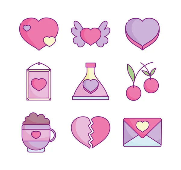 Happy valentines day, love romantic feeling icons set — Image vectorielle