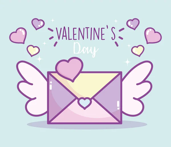 Glad Alla hjärtans dag, kuvert med vingar hjärtan kärlek kort — Stock vektor