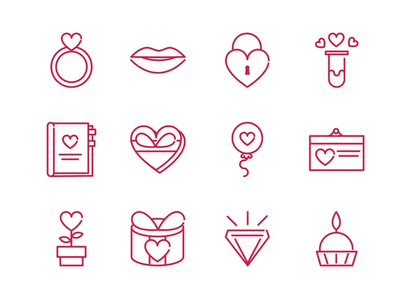 Happy valentines day romantic passion love icons set red line design — Image vectorielle