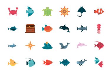 Deniz yaşamı, karikatür deniz hayvanları seti.