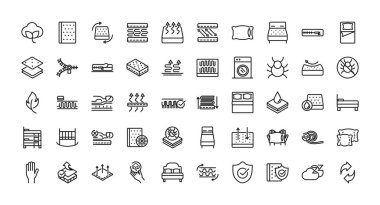 Yatak konforlu yumuşak tekstil simgeleri doğrusal tasarımı ayarla