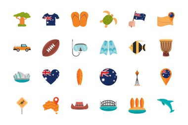 Avusturalya hayvani şeyler beyaz arka planda ünlü site simgeleri