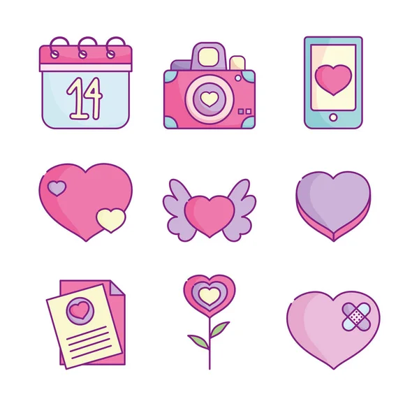 Happy valentines day, love romantic feeling icons set — Image vectorielle