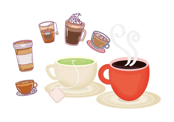 Koppar kaffe och te färsk dryck kaffe tid — Stock vektor