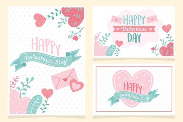 Happy valentines day, hearts love flowers foliage nature celebration cards — Vector de stock