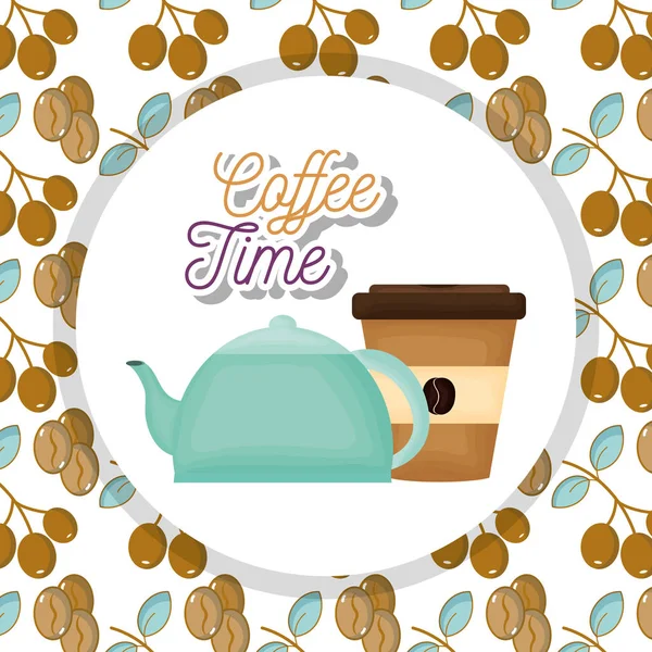 Teapot disposable cup fresh beverage coffee time seeds background — Διανυσματικό Αρχείο