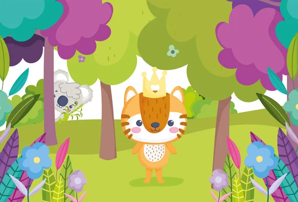 Cute animals tiger and koala in the forest trees plants cartoon —  Vetores de Stock