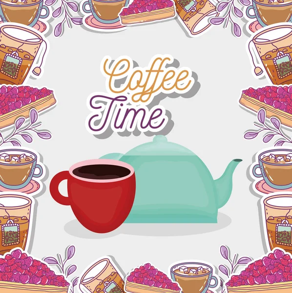 Cup and teapot bakery fresh beverage coffee time — стоковый вектор