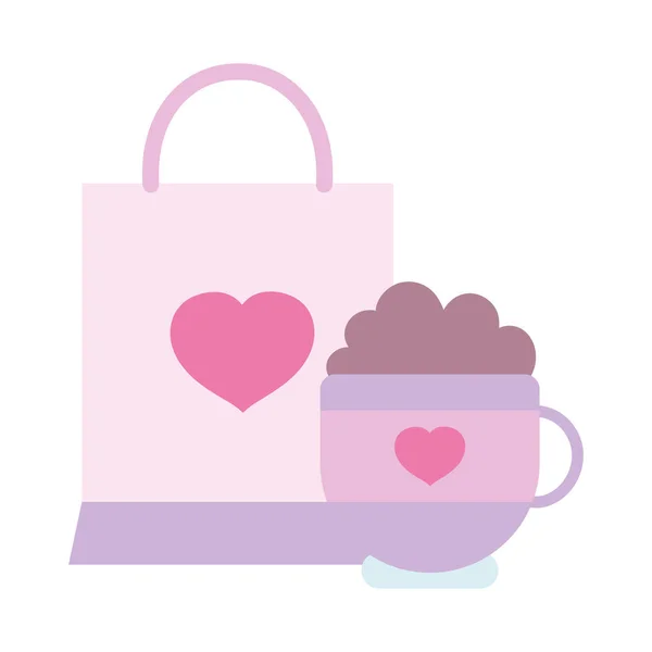 Счастливый день валентинки, сумка для покупок и чашка шоколада — стоковый вектор