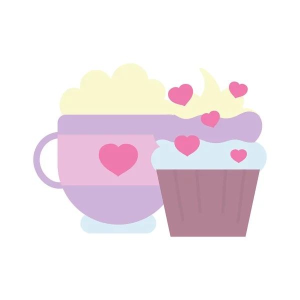 幸せなバレンタインデーコーヒーカップと甘いカップケーキスナック愛の心 — ストックベクタ