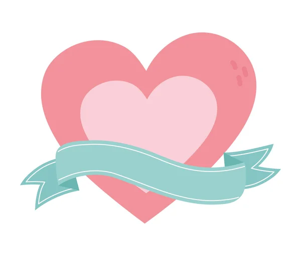Happy valentines day, cute heart love ribbon ornament — Stock Vector