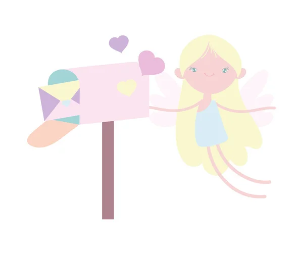 Felice valentines giorno, carino Cupido con cuori e lettera mailbox — Vettoriale Stock