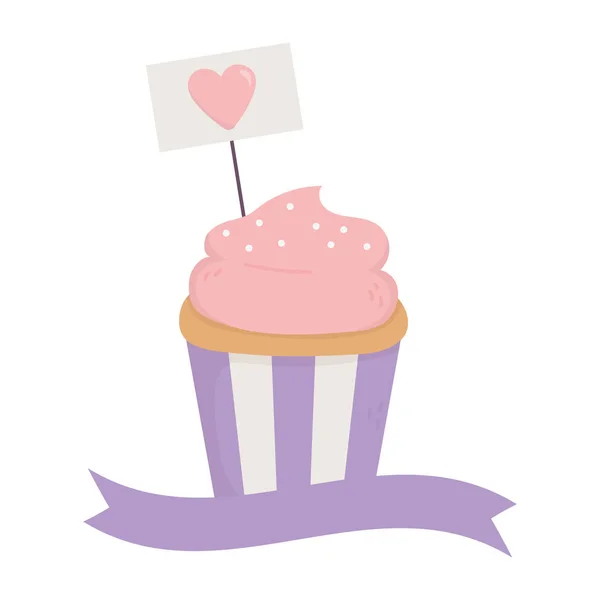 Día feliz, dulce cupcakes y cartel con cinta de amor cardíaco. — Vector de stock