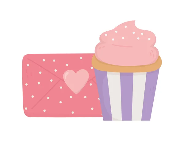 Feliz dia dos namorados, cupcake e mensagem envelope pontilhado —  Vetores de Stock