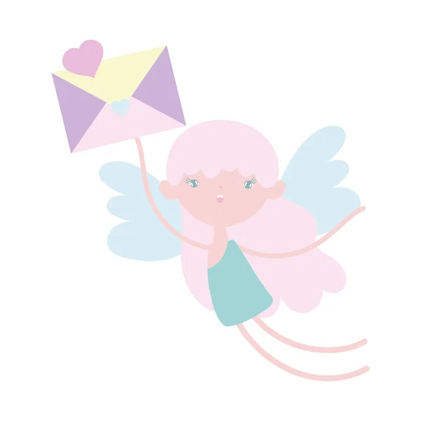 Felice valentines giorno, volare carino Cupido con messaggio busta — Vettoriale Stock