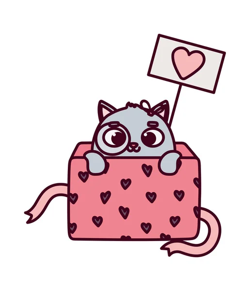 Fröhlicher Valentinstag, süße kleine Katze auf Geschenkschachtel Herz Liebe — Stockvektor