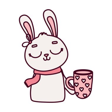 Sevgililer günün kutlu olsun, kalpli kahve fincanı olan sevimli tavşan.