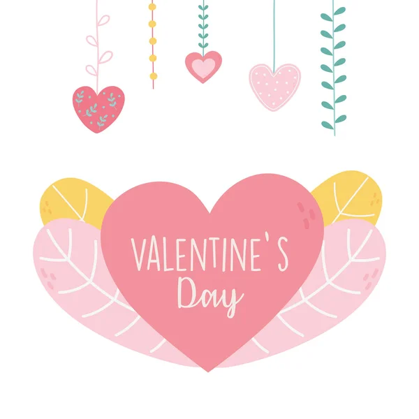 Boldog Valentin nap, szív szerelem romantikus lombozat dekoráció — Stock Vector
